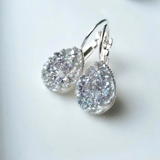 Grey Sparkle Tear Drop Lever Back (Silver-plated Brass)