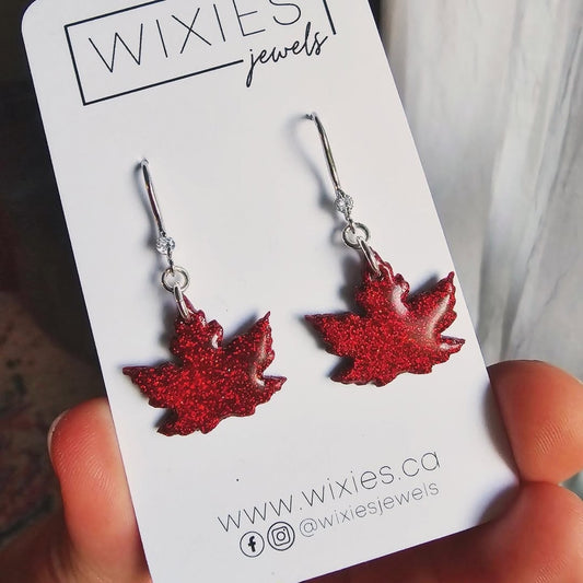 *PRE-ORDER - TWO WEEKS TO MAKE* Maple Leaf Dangles (White Gold Plated Brass) by My Store with red glitter maple leaf charms