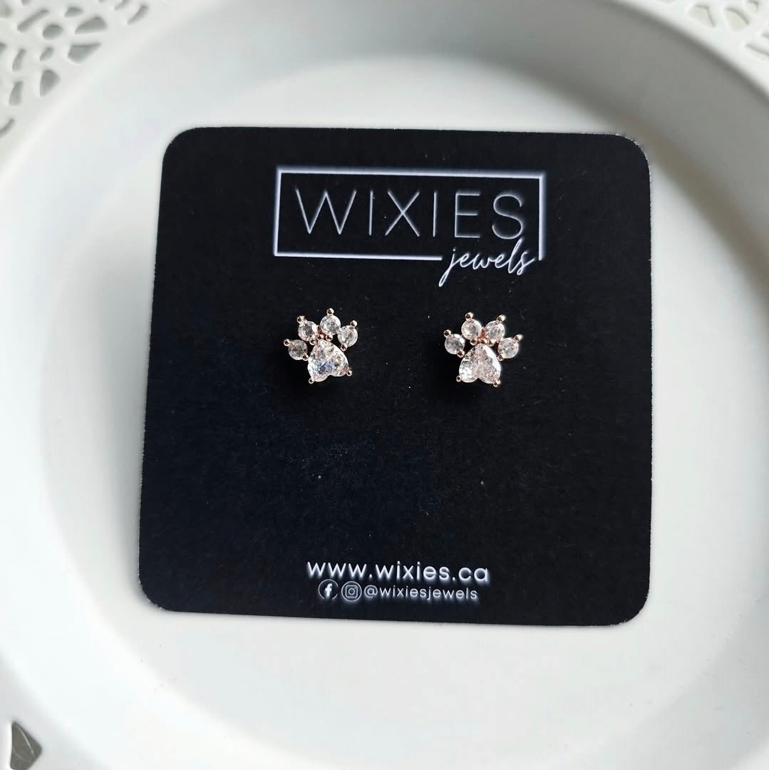Cubic Zirconia Paws - Rose Gold delicate stud earrings by Wixies Handmade and Picked in Nova Scotia
