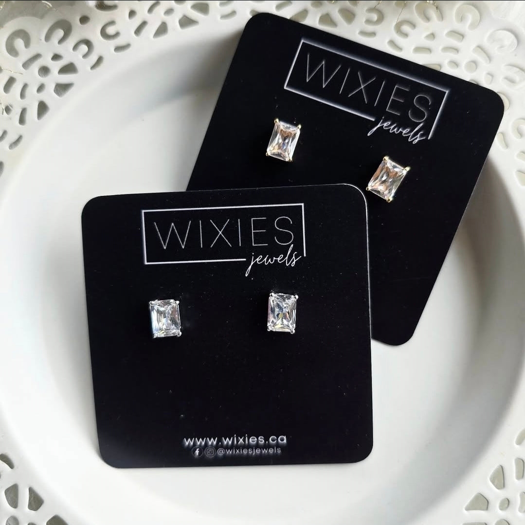 Rectangle Bling Studs by Wixies with clear sparkling stones on silver settings Handmade and Picked in Nova Scotia