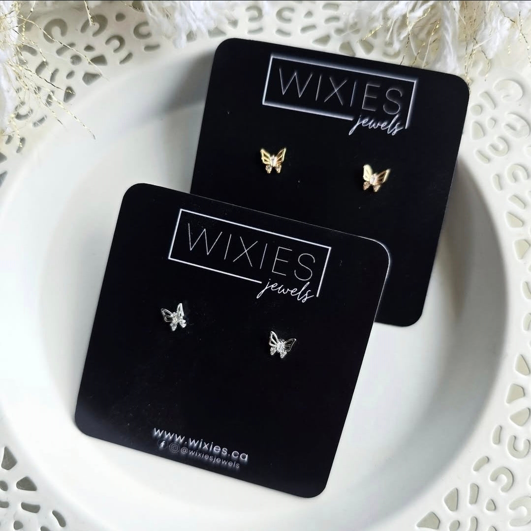 Itty BItty Butterfly Studs in gold and silver finishes by Wixies Handmade and Picked in Nova Scotia