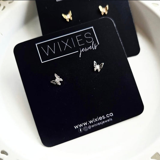 Itty BItty Butterfly Studs by Wixies in delicate gold and silver finishes Handmade and Picked in Nova Scotia