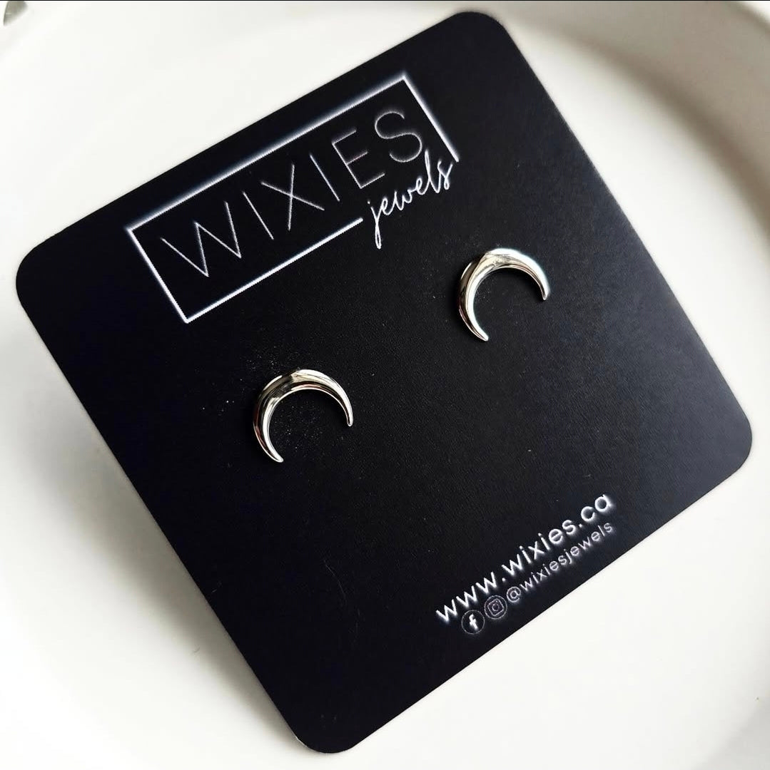Crescent Studs by Wixies with polished silver crescent shapes Handmade and Picked in Nova Scotia