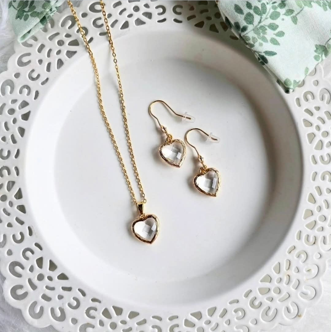 Gold Lined Crystal Hearts necklace and earrings by Wixies, featuring clear crystals and gold trim Handmade and Picked in Nova Scotia