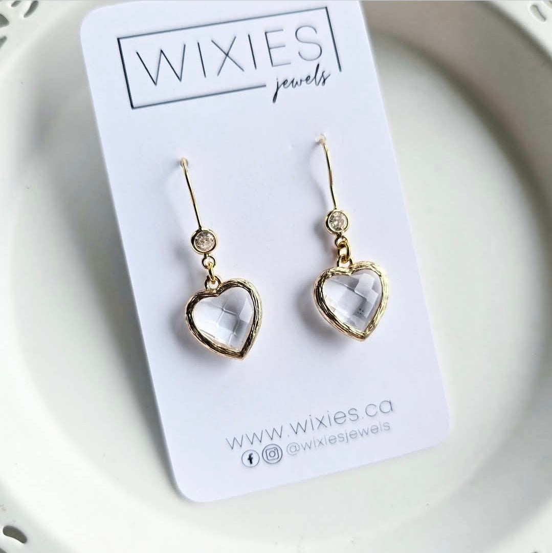 Gold Lined Crystal Hearts earrings by Wixies with clear crystals and gold trim Handmade and Picked in Nova Scotia