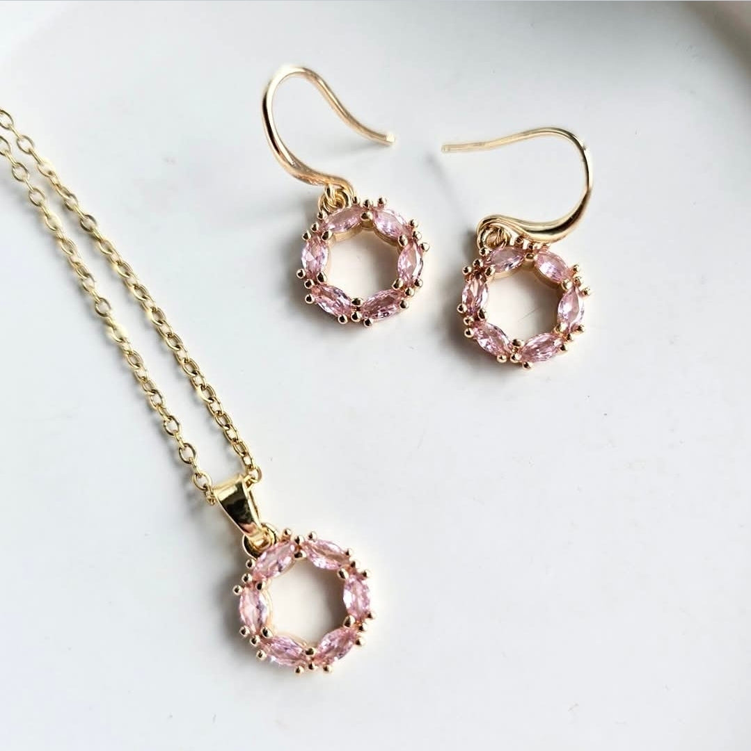Pink Wreath Necklace and Earring Set by Wixies with delicate pink stones on gold settings Handmade and Picked in Nova Scotia