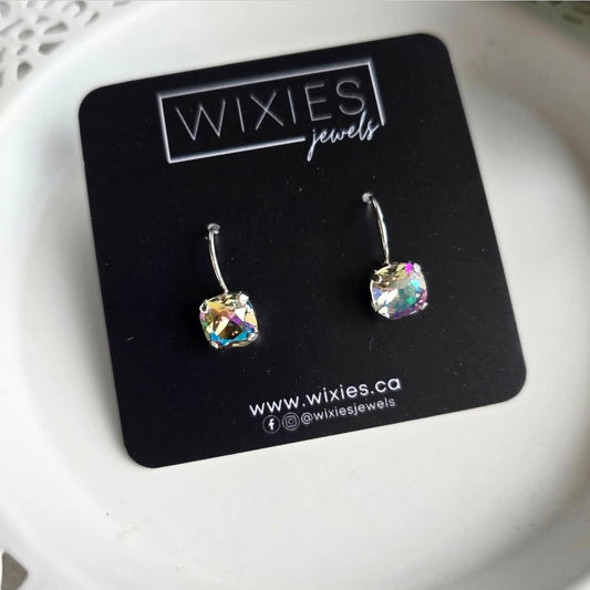 Ghost Light 8mm Cushion Cut Lever Backs by Wixies with sparkling crystals Handmade and Picked in Nova Scotia