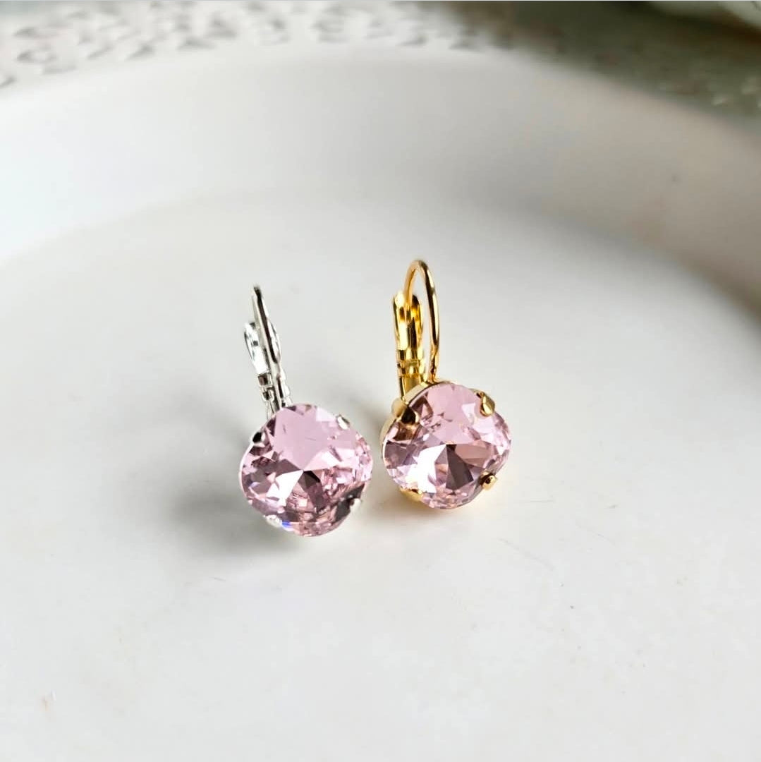 Rose Pink 10mm Cushion Cut earrings by Wixies featuring sparkling pink stones with gold and silver settings Handmade and Picked in Nova Scotia
