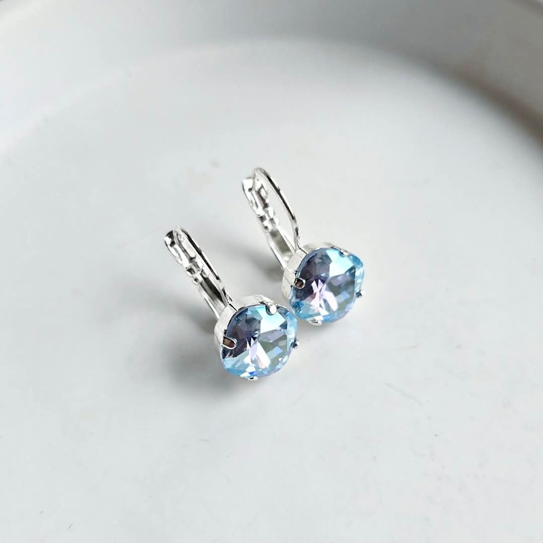 Celeste 10mm Cushion Lever Back earrings by Wixies with sparkling blue stones Handmade and Picked in Nova Scotia
