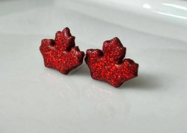 Maple Leaf Studs (Stainless Steel Posts) with red glitter coating, small size, hypoallergenic by My Store
