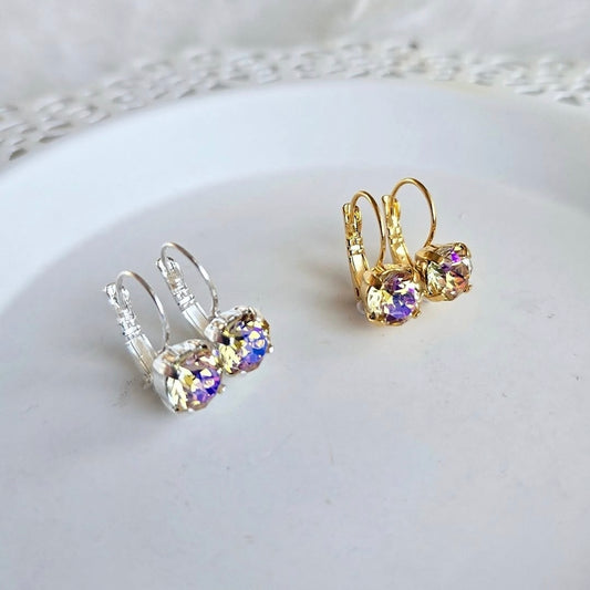 Sunshine Lever Back *limited edition* earrings by Wixies featuring sparkling iridescent stones in silver and gold Handmade and Picked in Nova Scotia