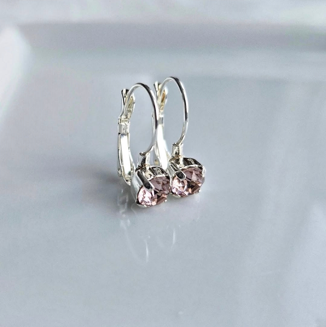 8mm or 6mm Vintage Pink Lever Back by wixies featuring pale pink stones set in silver on a clean reflective surface