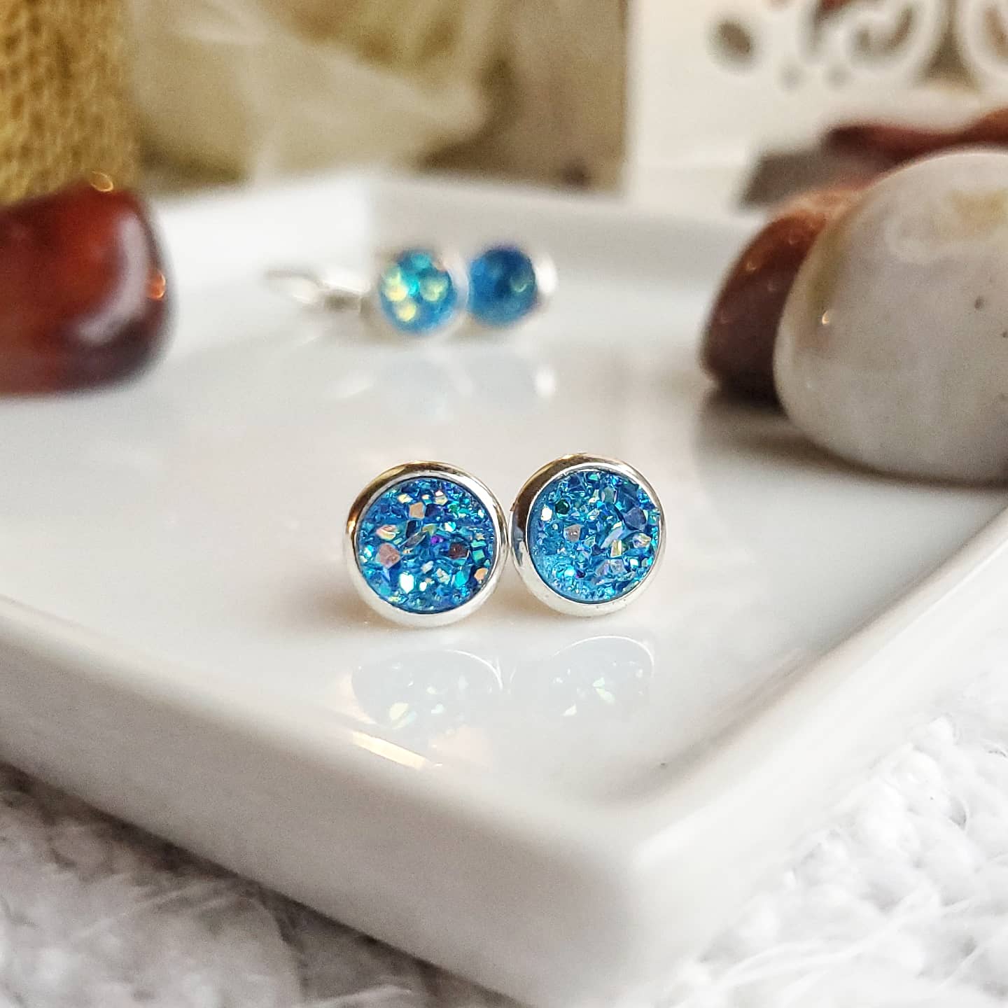 8mm Azure Blue Studs (Silver-plated Brass)