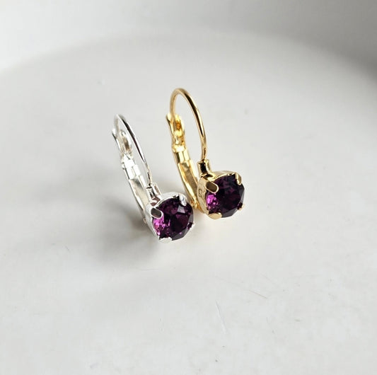 6mm "Amethyst" Lever Back with purple stones in mixed metal settings by Wixies Handmade and Picked in Nova Scotia