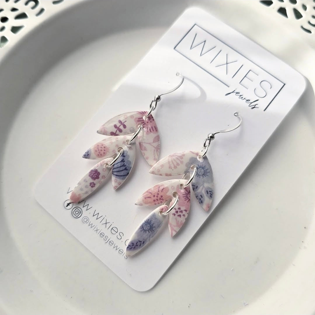 Daphne" Drops earrings by Wixies with delicate pink and blue floral motifs Handmade and Picked in Nova Scotia