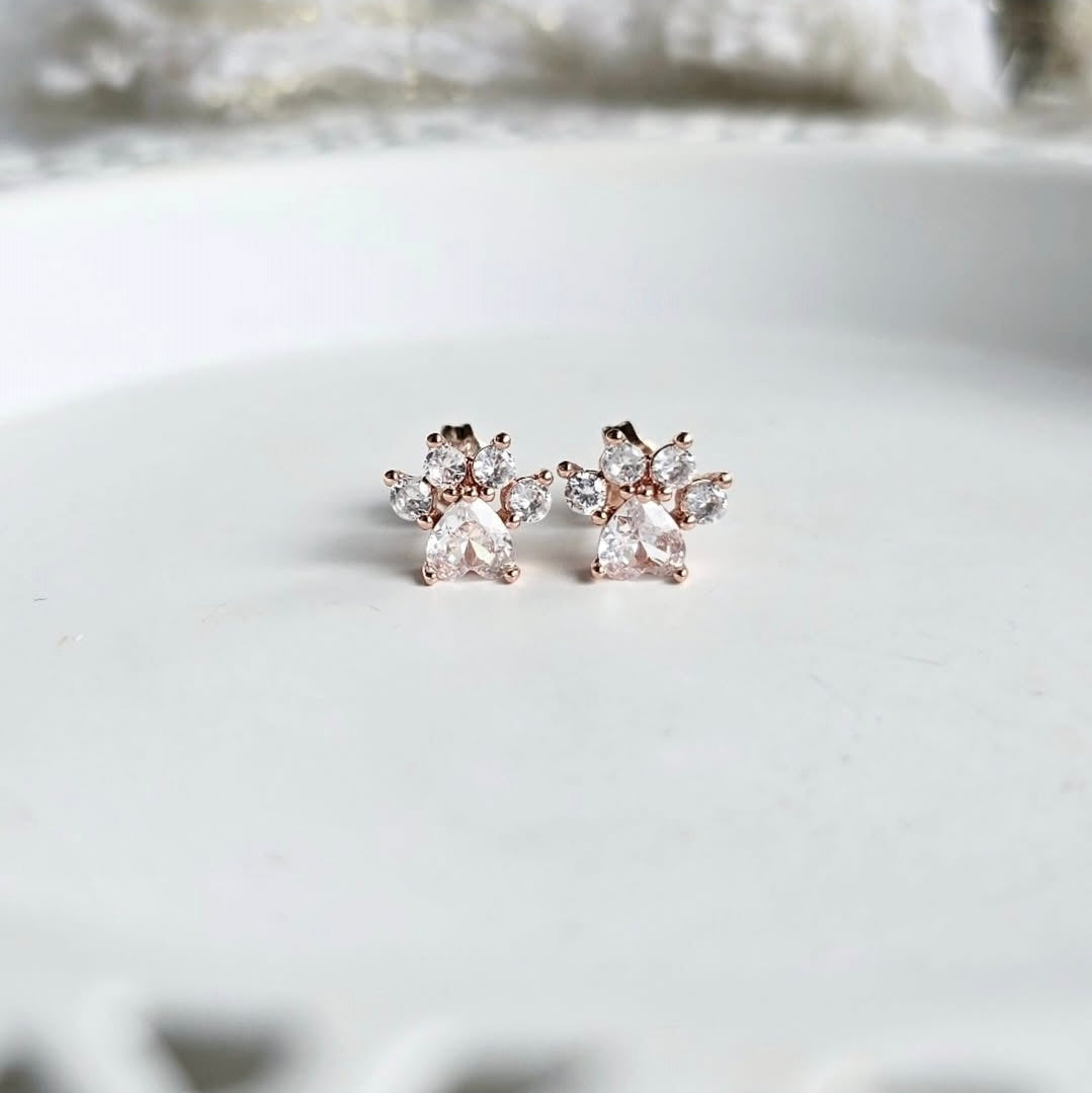 Cubic Zirconia Paws - Rose Gold delicate stud earrings by Wixies, Handmade and Picked in Nova Scotia