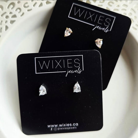 Tear Drop Studs by Wixies with clear stones on gold and silver settings Handmade and Picked in Nova Scotia