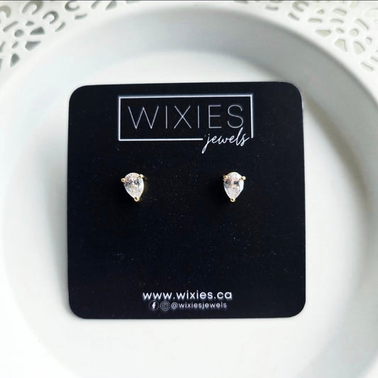 Tear Drop Studs by Wixies with clear stones in gold settings Handmade and Picked in Nova Scotia