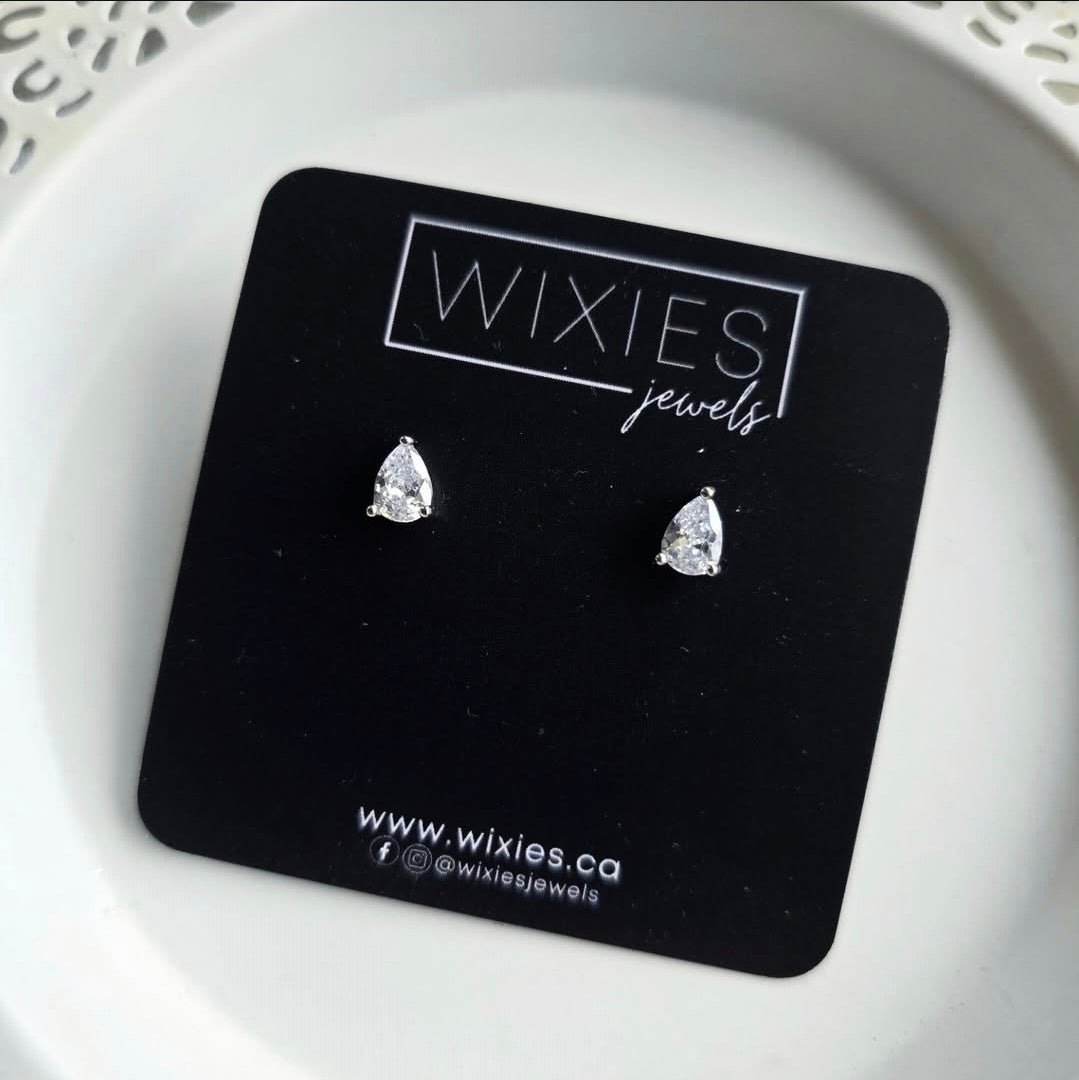 Tear Drop Studs by Wixies with sparkling clear stones on silver settings Handmade and Picked in Nova Scotia
