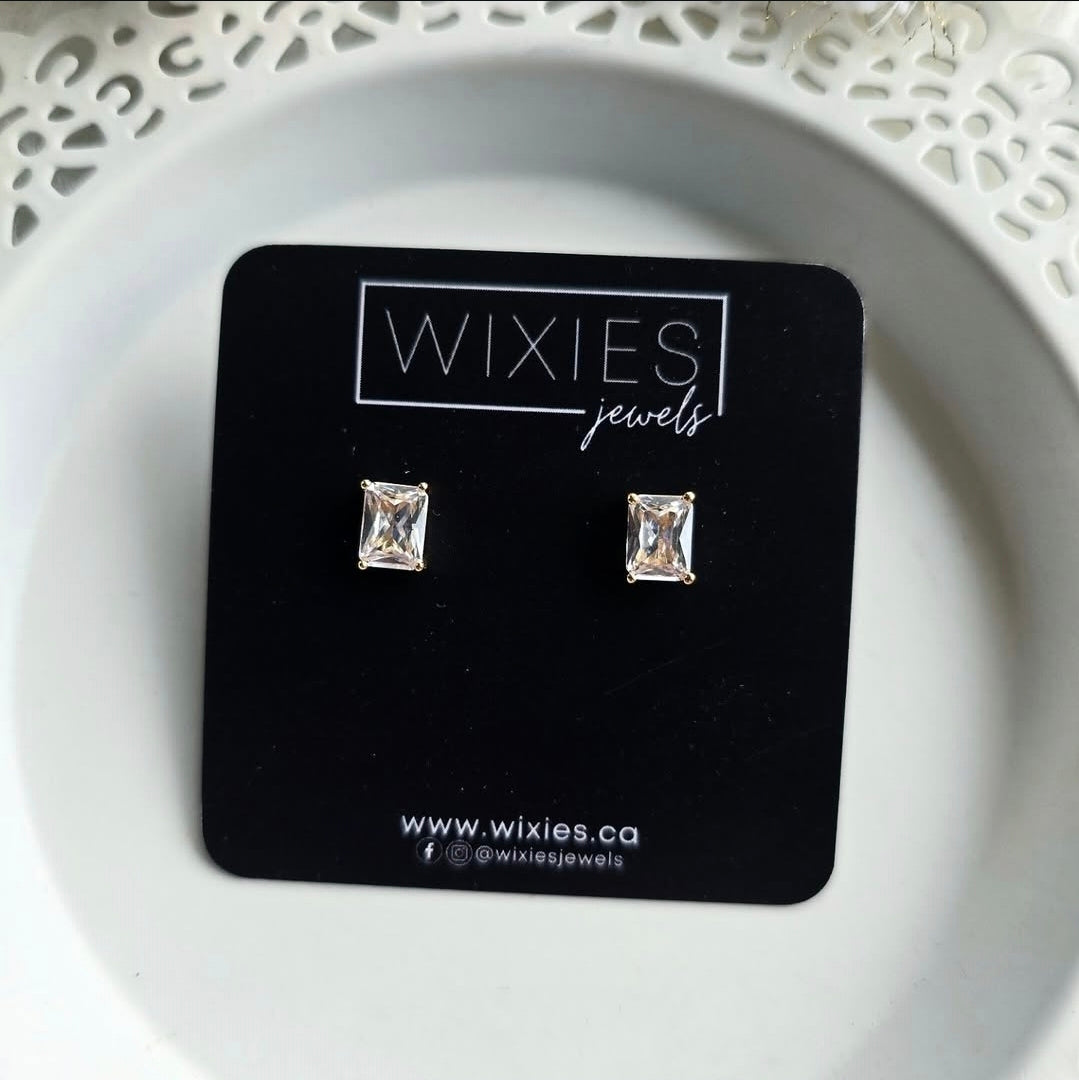 Rectangle Bling Studs by Wixies with clear stones in silver settings Handmade and Picked in Nova Scotia