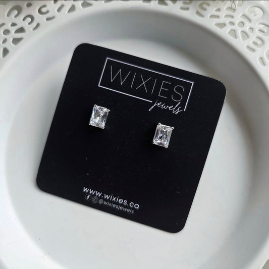 Rectangle Bling Studs by Wixies with sparkling clear stones on silver settings Handmade and Picked in Nova Scotia