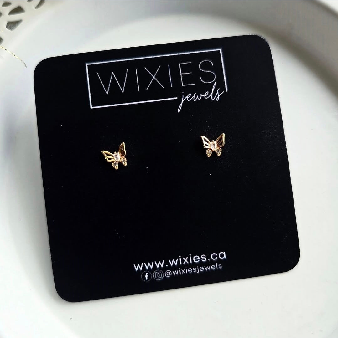 Itty BItty Butterfly Studs by Wixies in delicate gold finish Handmade and Picked in Nova Scotia