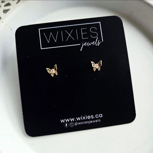 Itty BItty Butterfly Studs by Wixies in delicate gold finish Handmade and Picked in Nova Scotia