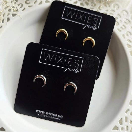 Crescent Studs by Wixies in gold and silver finishes, Handmade and Picked in Nova Scotia.