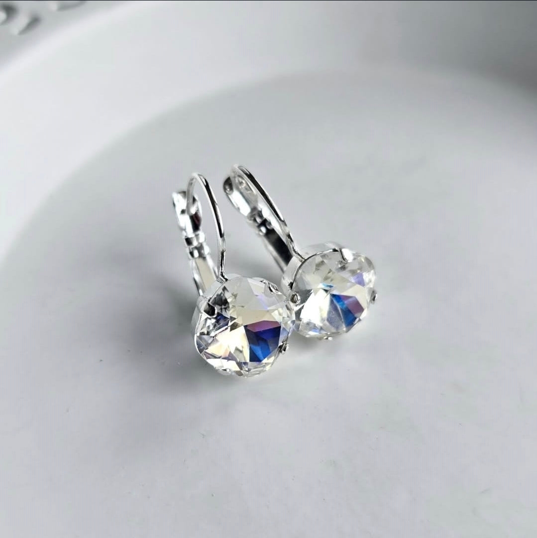 Crystal Moonlight 10mm Cushion Lever Back earrings by Wixies with clear sparkling stones Handmade and Picked in Nova Scotia