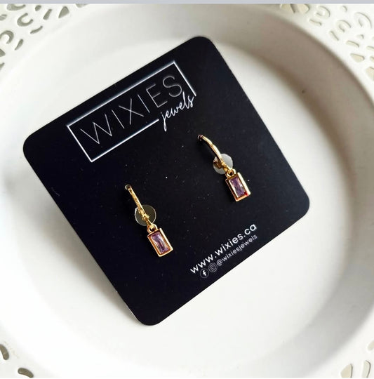 Tiny Light Purple Charm Huggies with gold settings by Wixies Handmade and Picked in Nova Scotia