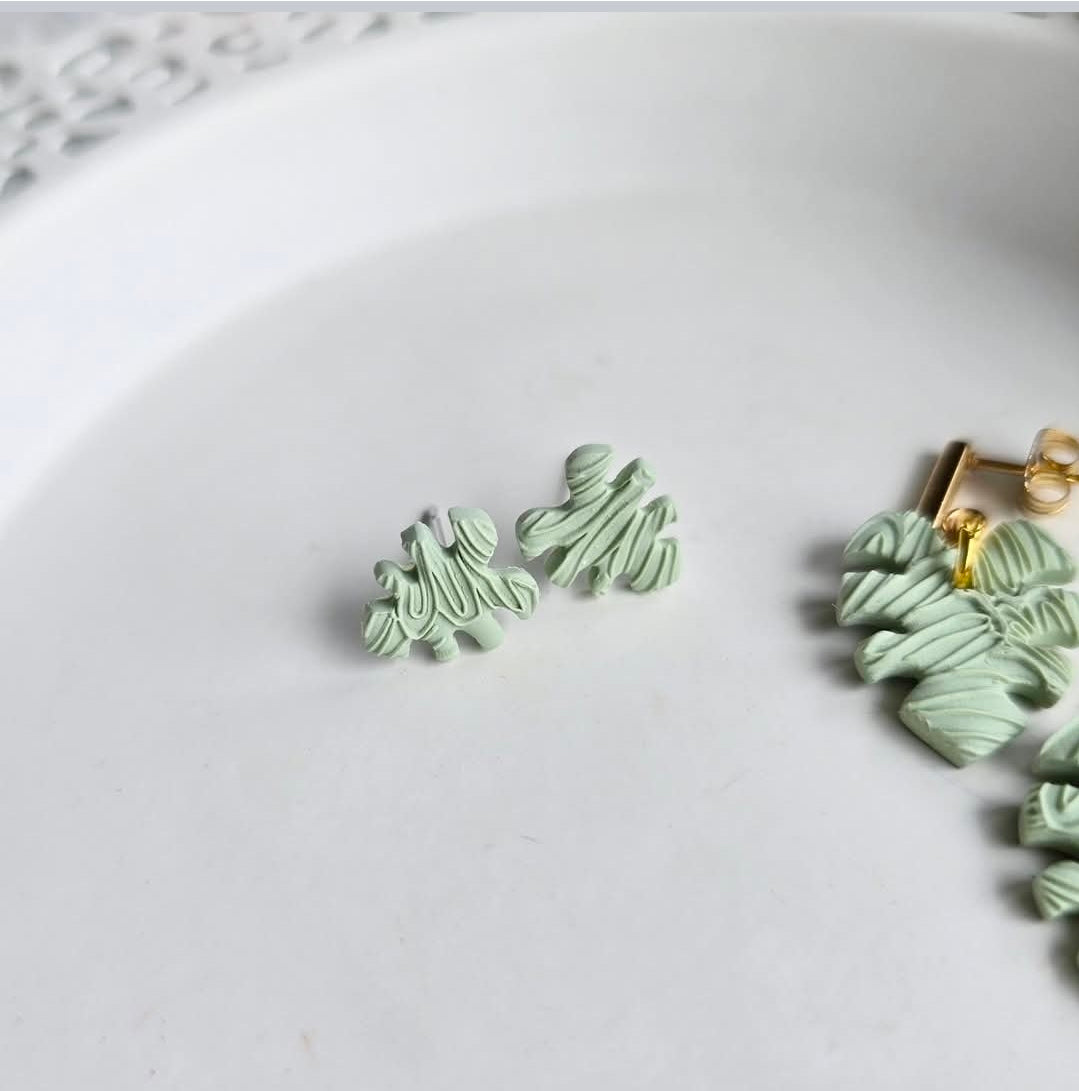 Monstera Leaf Studs or Dangles by Wixies with textured green polymer clay Handmade and Picked in Nova Scotia