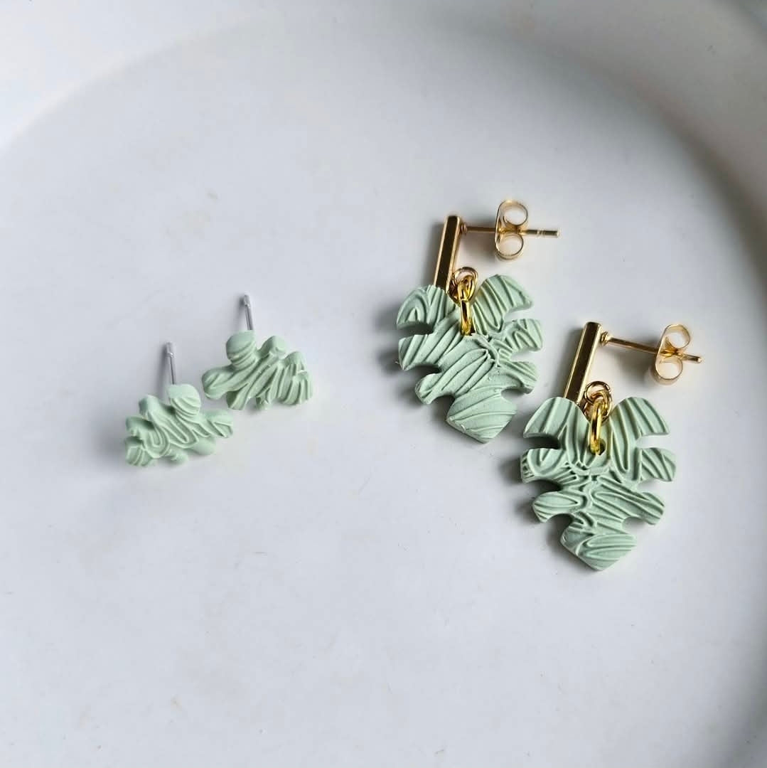 Monstera Leaf Studs or Dangles by Wixies with textured mint polymer clay and gold accents Handmade and Picked in Nova Scotia