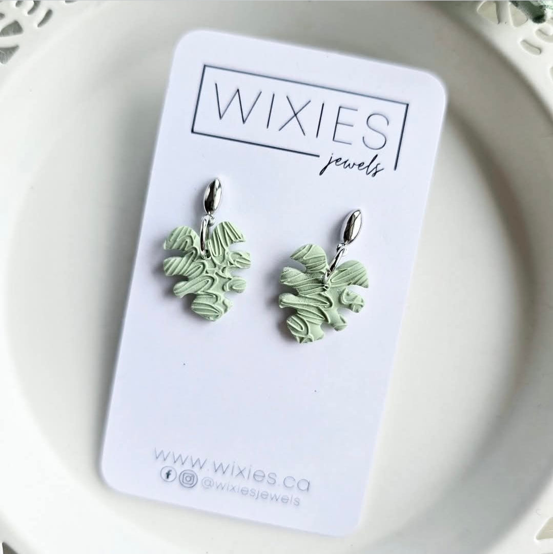 Monstera Leaf Studs or Dangles by Wixies in textured light green polymer clay Handmade and Picked in Nova Scotia