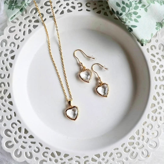 Gold Lined Crystal Hearts necklace and earrings by Wixies, featuring clear crystals and gold trim Handmade and Picked in Nova Scotia