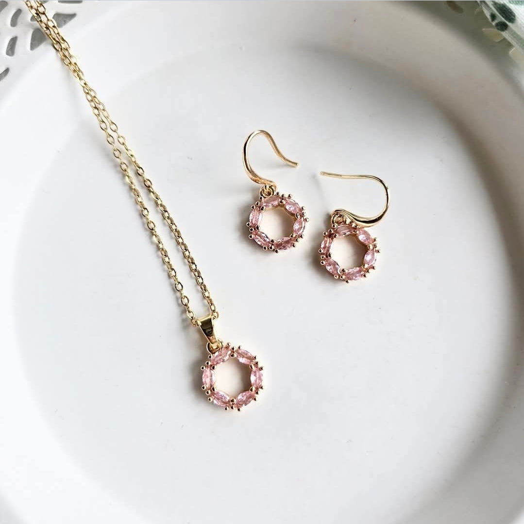 Pink Wreath Necklace and Earring Set by Wixies with delicate pink stones on gold setting Handmade and Picked in Nova Scotia