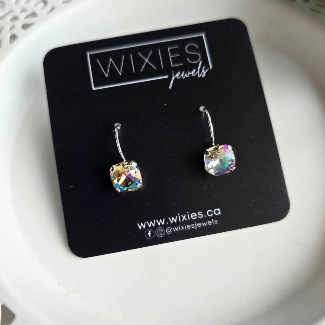 Ghost Light 8mm Cushion Cut Lever Backs by Wixies with sparkling crystals Handmade and Picked in Nova Scotia