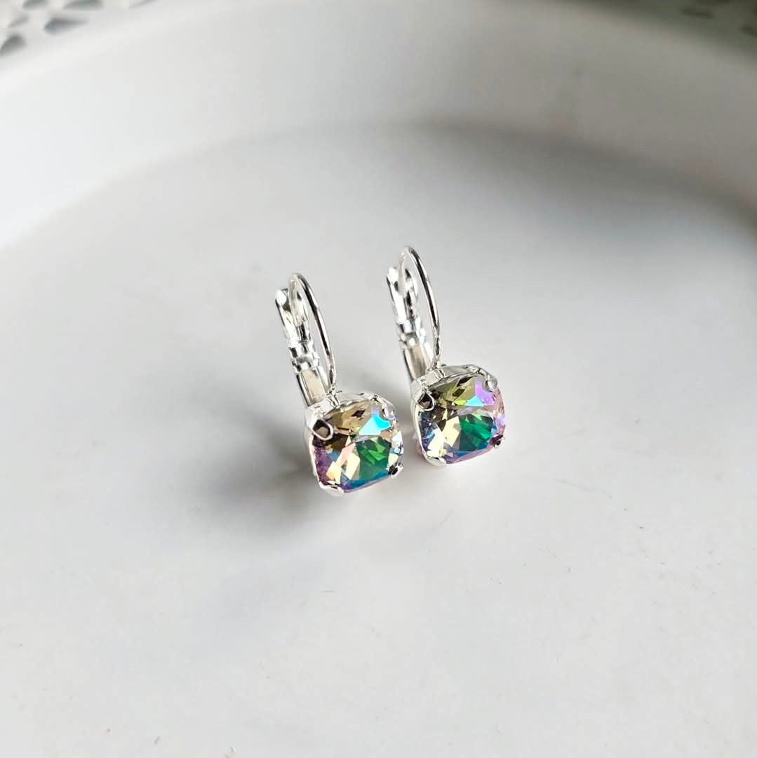 Ghost Light 8mm Cushion Cut Lever Backs by Wixies with shimmering multicolor crystals Handmade and Picked in Nova Scotia