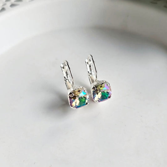 Ghost Light 8mm Cushion Cut Lever Backs by Wixies with shimmering multicolor crystals Handmade and Picked in Nova Scotia