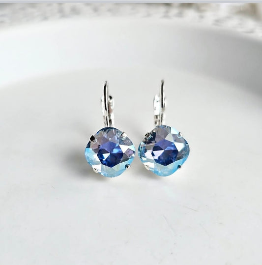 Celeste 10mm Cushion Lever Back earrings by Wixies with sparkling blue stones Handmade and Picked in Nova Scotia