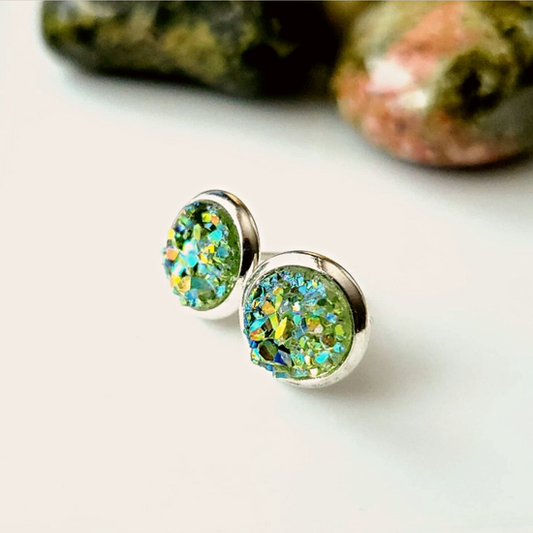8mm "Moss" Green Studs (Silver-plated Brass)