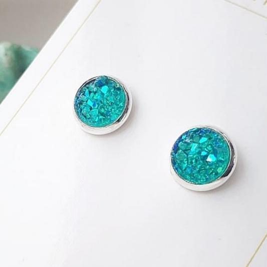 8mm Teal Studs (Silver-plated Brass)