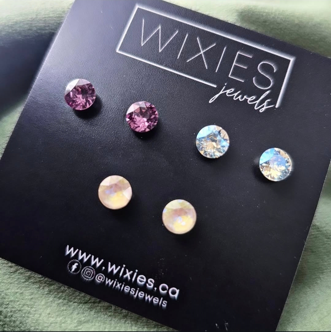 *Weekend Special* 6mm Stud Trio by Wixies featuring purple, clear, and opal-tone stones Handmade and Picked in Nova Scotia