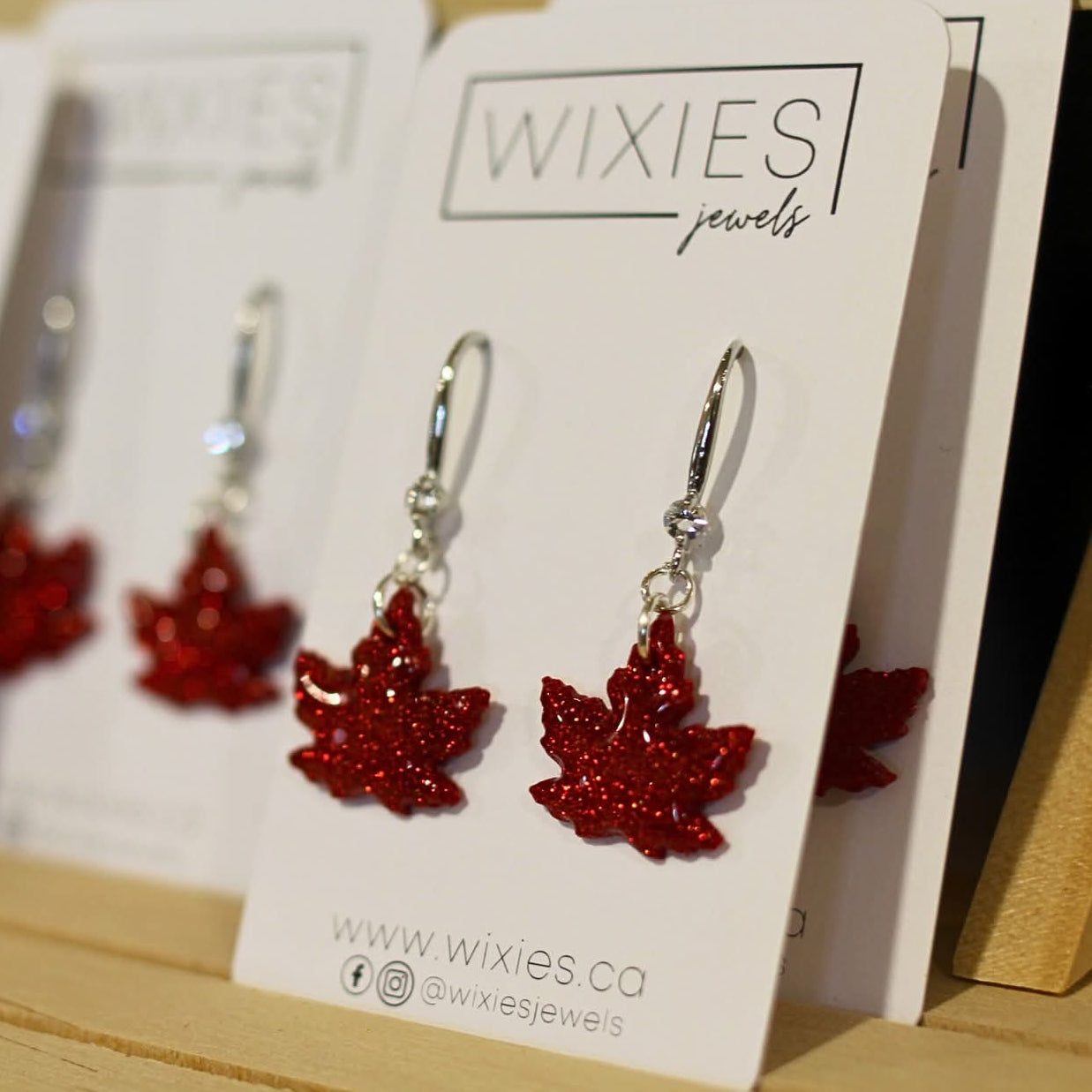 *PRE-ORDER* - Maple Leaf Dangles (White Gold Plated Brass) featuring red glitter maple leaves Handmade and Picked in Nova Scotia by My Store
