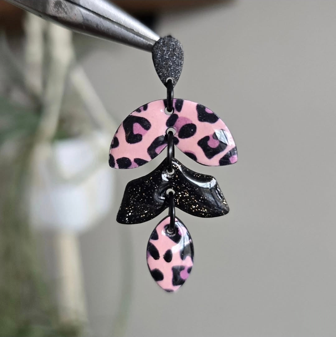 Pink Leopard Statement Drops by Wixies featuring pink and black animal print with glittery black accents Handmade and Picked in Nova Scotia