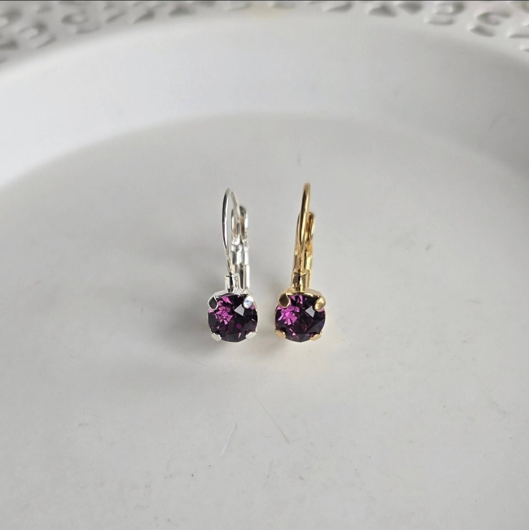 6mm "Amethyst" Lever Back earrings by Wixies featuring purple stones in mixed metal settings Handmade and Picked in Nova Scotia