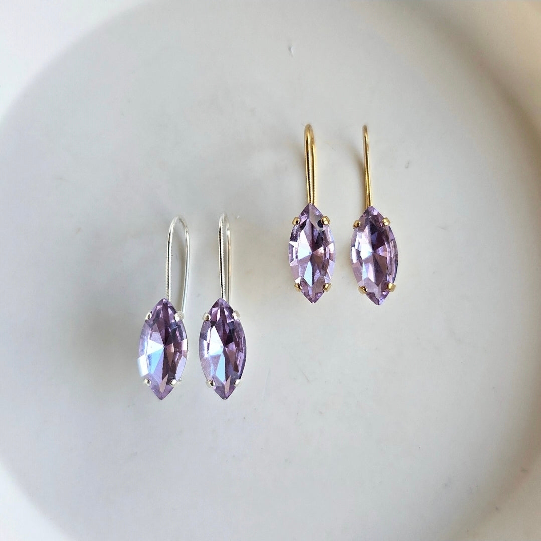 Lilac Navette Drops by Wixies featuring sparkling purple navette stones in silver and gold Handmade and Picked in Nova Scotia