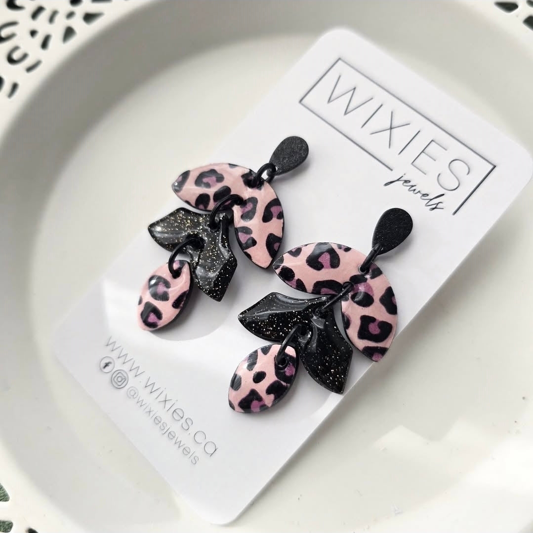 Pink Leopard Statement Drops by Wixies with bold pink and black animal print and glittery black accents Handmade and Picked in Nova Scotia