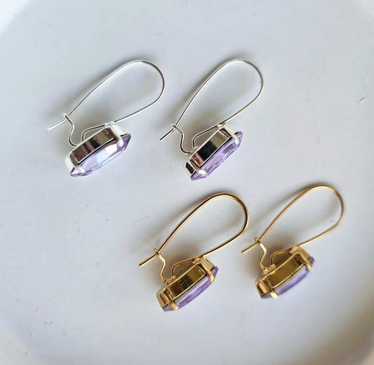 Lilac Navette Drops by Wixies featuring delicate purple navette stones in silver and gold settings Handmade and Picked in Nova Scotia