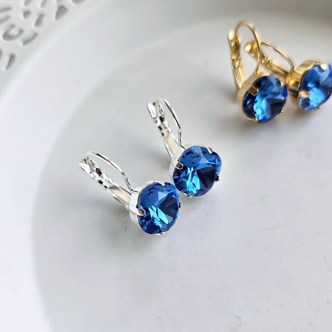 Sapphire"Cushion Lever Back earrings by Wixies featuring radiant blue stones in silver and gold Handmade and Picked in Nova Scotia