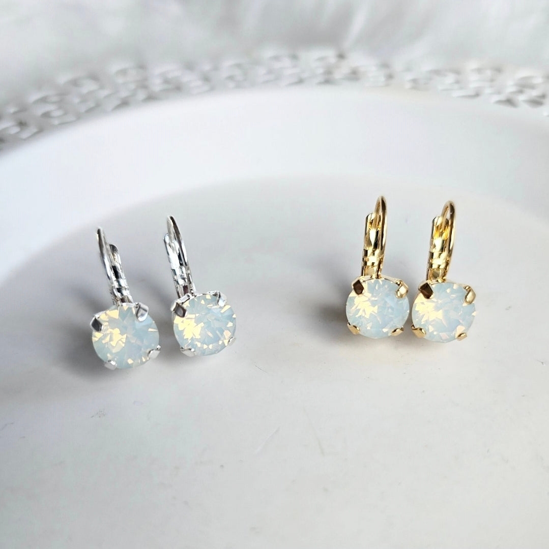 Opalite Lever Back earrings in silver and gold settings by Wixies Handmade and Picked in Nova Scotia